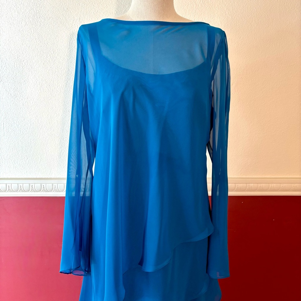 Vintage Cattiva tiered chiffon 2-piece bateau neck dress in teal blue - Picture 13 of 15